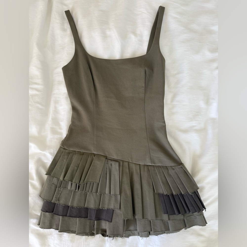 Stylish Olive Green Pleated Romper Skater Dress